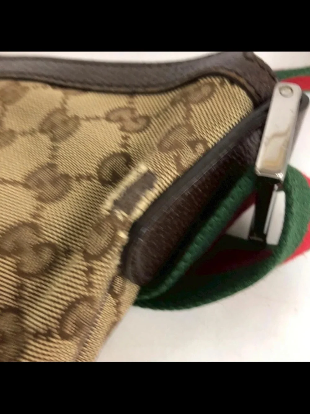 Gucci Beige/Brown Canvas Monogram Saddle Bag with Green/Red Web Strap